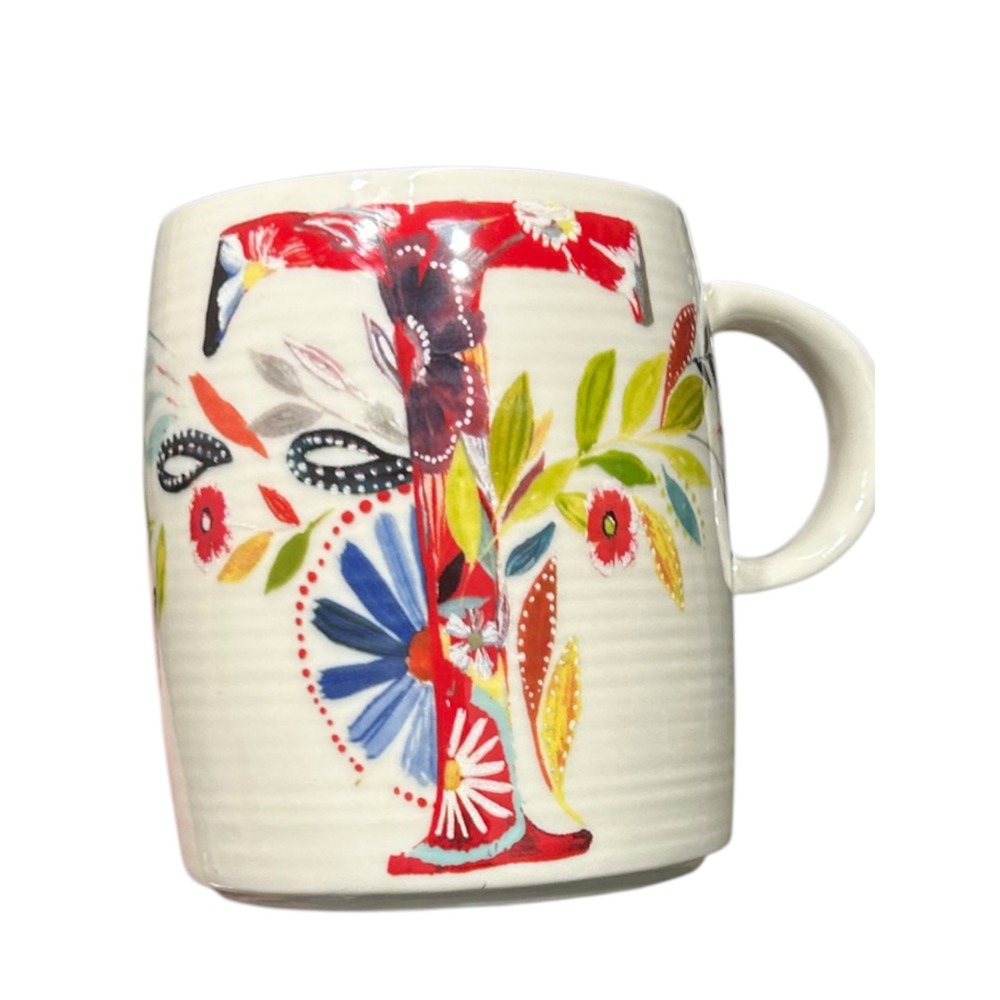 Anthropologie Starla M Halfmann Monogram Letter T Floral Ceramic Coffee Mug